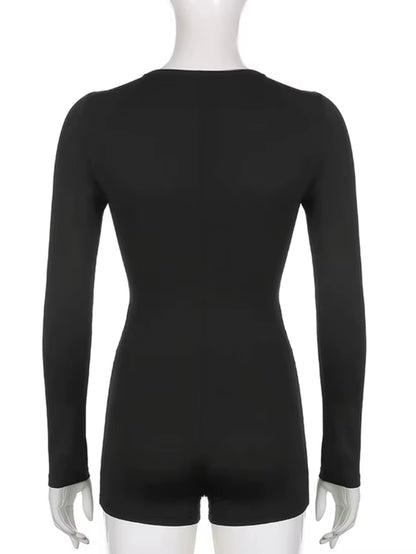 New Playsuit Black Soild Long Sleeve Bodysuit Women Sexy Women'S Jumpsuit Casual Overalls for Women Folds Woman Clothes 19131